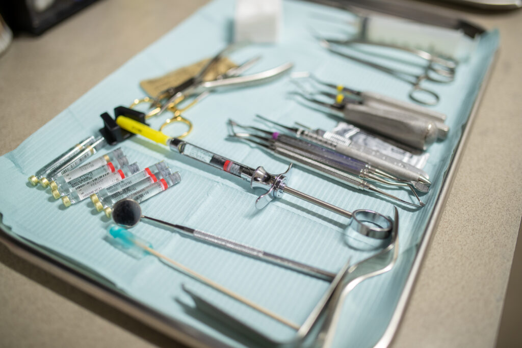 dental surgical tools prepped for a dental procedure at Associated Oral & Implant Surgeons