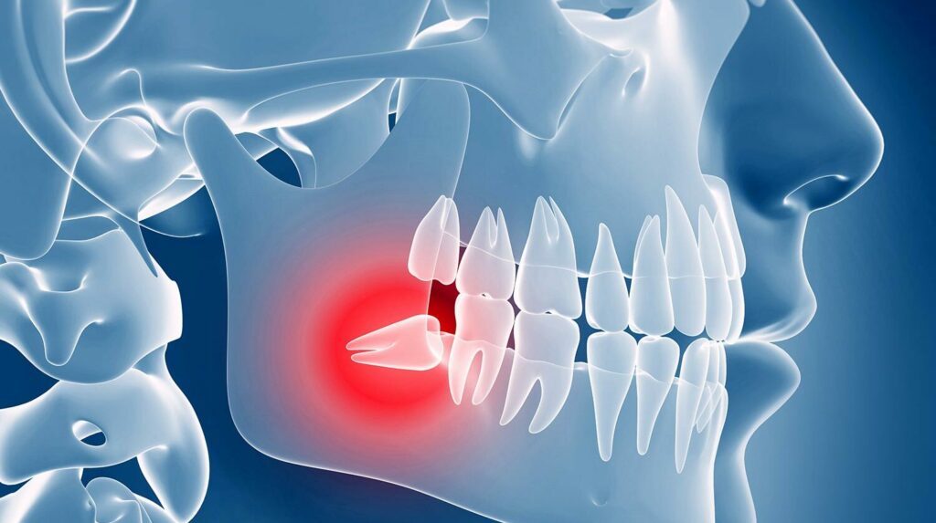 graphic side view of x-day showing impacted wisdom tooth to be extracted at Associated Oral & Implant Surgeons